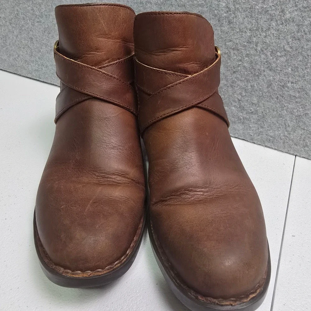 Born Womens Brown Leather Ankle Boots Buckle Strap Side Zip F11406 Size 8.5 M